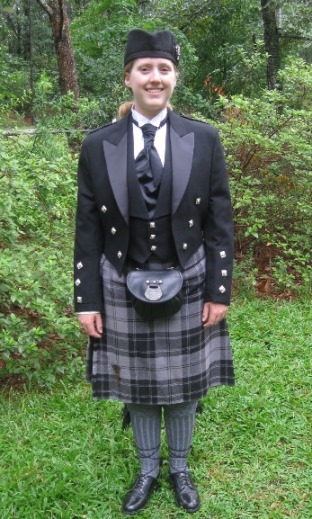 Gillian in formal Bagpipe attire
